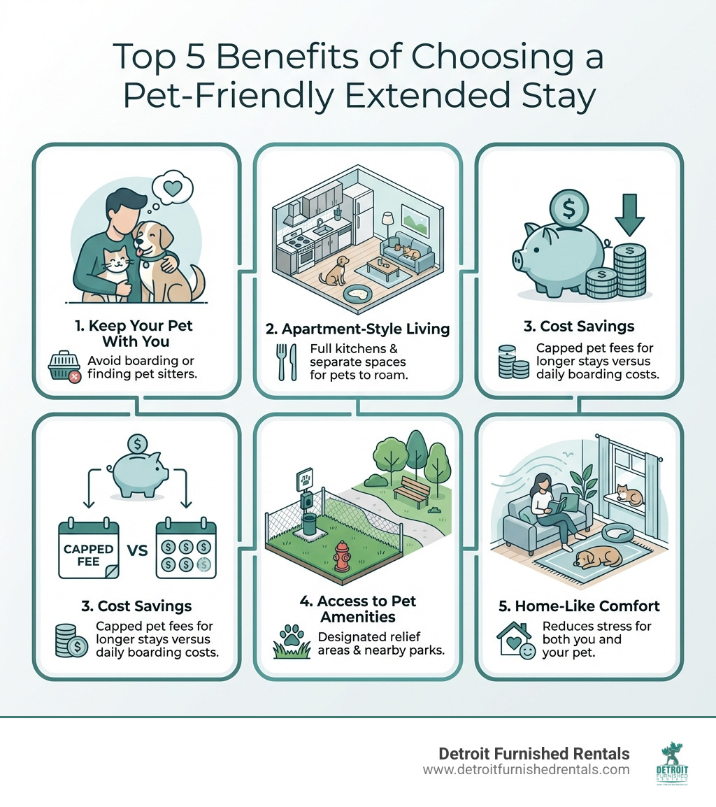 Infographic showing the top 5 benefits of choosing a pet-friendly extended stay: 1. Keep your pet with you instead of boarding or finding pet sitters, 2. Apartment-style living with full kitchens and separate spaces for pets to roam, 3. Cost savings with capped pet fees for longer stays versus daily boarding costs, 4. Access to pet amenities like designated relief areas and nearby parks, 5. Home-like comfort that reduces stress for both you and your pet - pet friendly extended stay infographic 