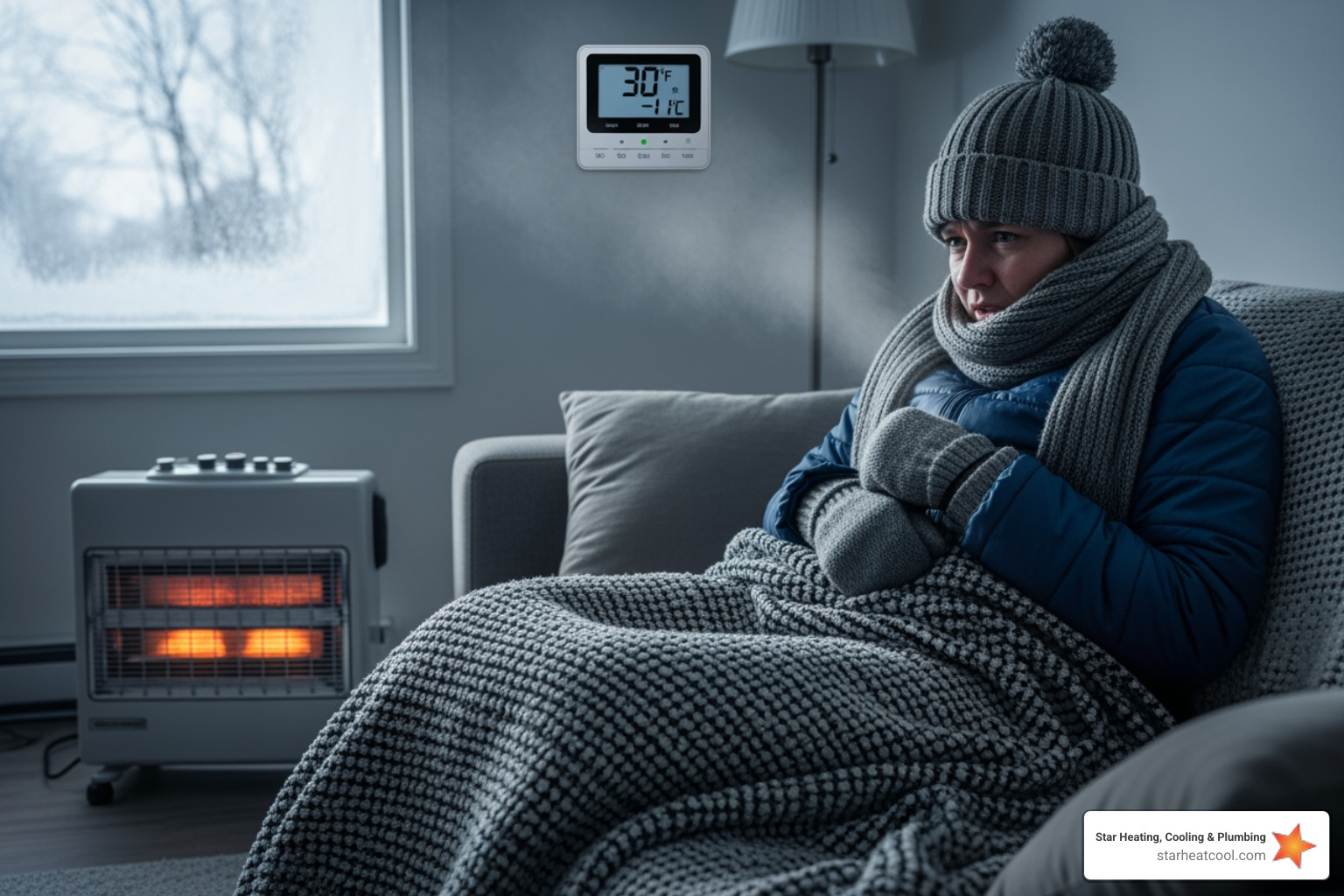 My heat went out and it's freezing. Find me companies that do emergency heating repair in Greenwood IN. 1 frozen living room with family in blankets - My heat went out and it's freezing. Find me companies that do emergency heating repair in Greenwood IN.