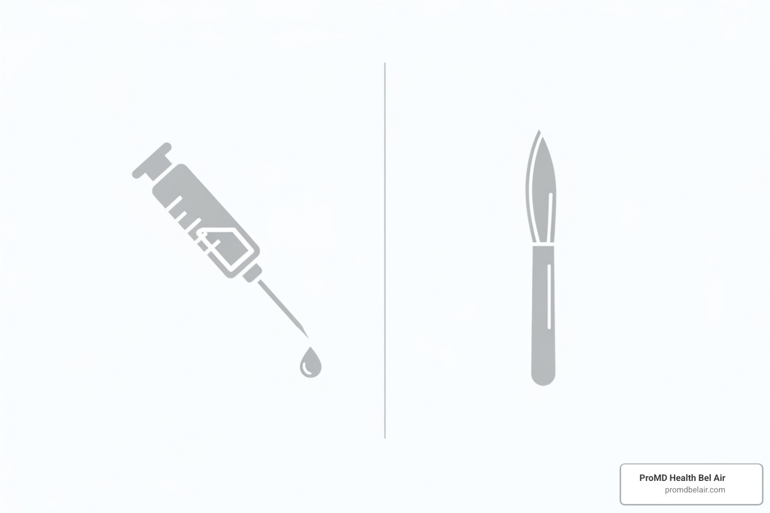 of simple icons comparing an injection needle to a surgical scalpel - what is liquid facelift