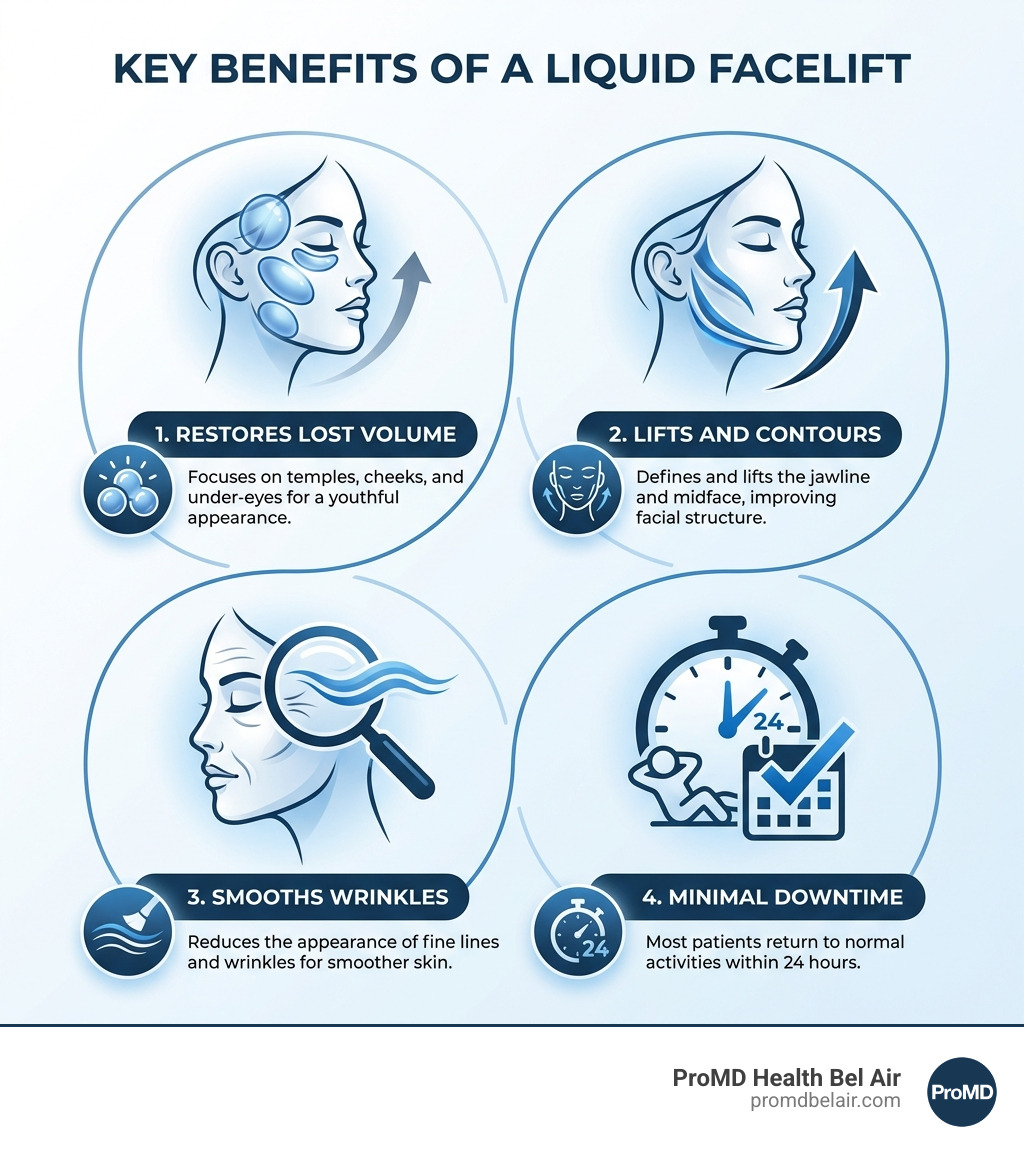 Infographic showing four key benefits of a liquid facelift: Restores Lost Volume in temples, cheeks, and under-eyes; Lifts and Contours the jawline and midface; Smooths Wrinkles and fine lines; Minimal Downtime with most patients returning to normal activities within 24 hours - what is liquid facelift infographic 