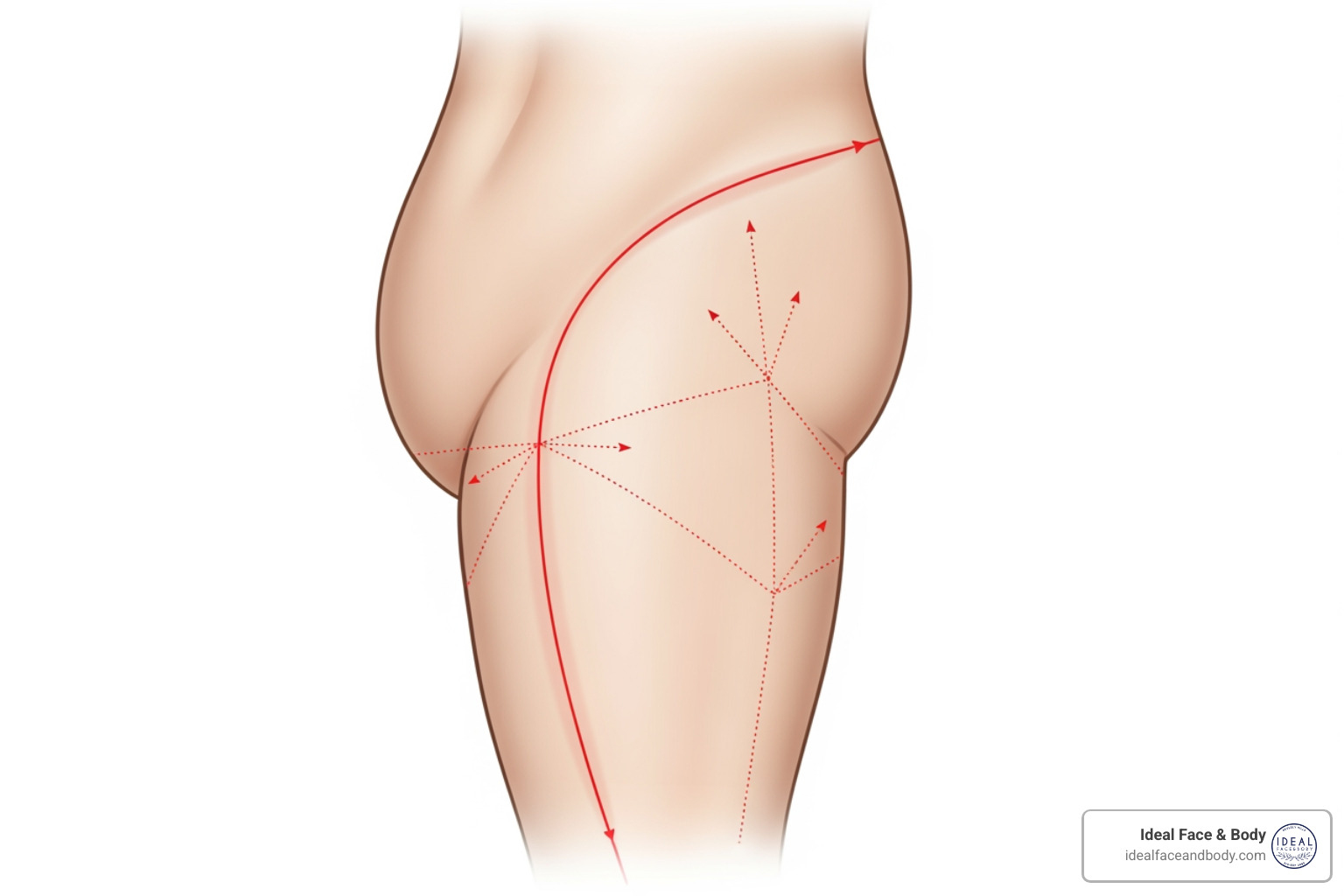 Incision markings for an outer thigh lift, extending from the groin around the hip. - Bilateral thigh lift Incision markings for an outer thigh lift, extending from the groin around the hip. - Bilateral thigh lift