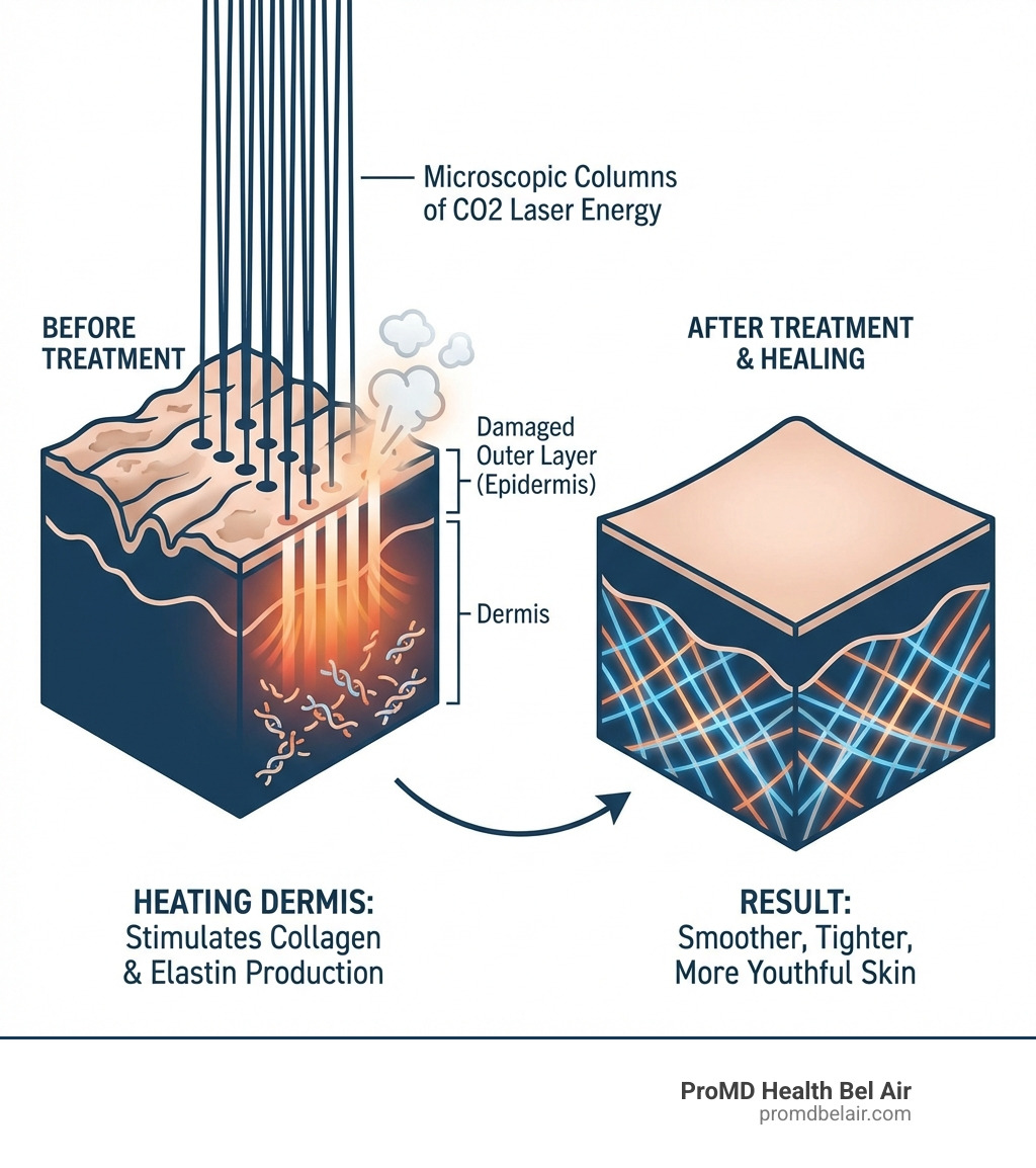 Infographic showing how CO2 laser energy penetrates the skin in microscopic columns, removing damaged outer layers while heating the dermis to stimulate collagen and elastin production, resulting in smoother, tighter, more youthful skin - co2 laser resurfacing near me infographic Infographic showing how CO2 laser energy penetrates the skin in microscopic columns, removing damaged outer layers while heating the dermis to stimulate collagen and elastin production, resulting in smoother, tighter, more youthful skin - co2 laser resurfacing near me infographic