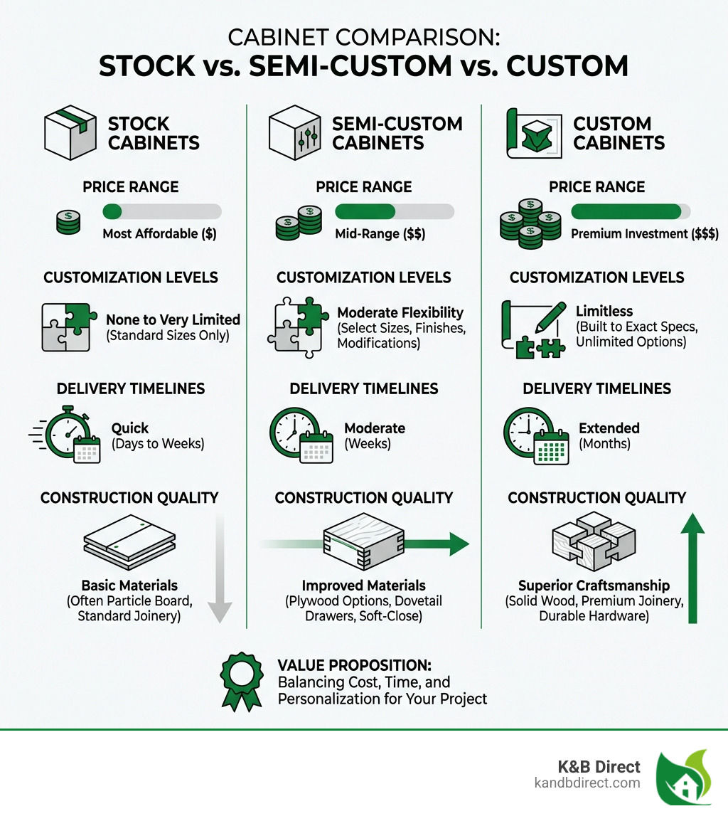 infographic showing comparison of stock cabinets versus semi-custom cabinets versus custom cabinets with customization levels, delivery timelines, and construction quality differences - Deerfield kitchen cabinets infographic infographic showing comparison of stock cabinets versus semi-custom cabinets versus custom cabinets with customization levels, delivery timelines, and construction quality differences - Deerfield kitchen cabinets infographic
