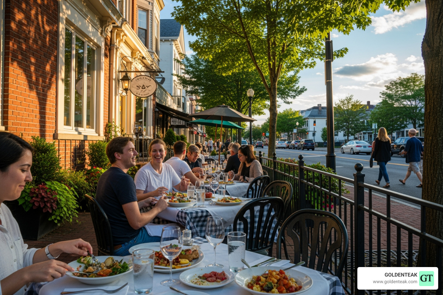 busy outdoor dining scene on a street in Needham Center - outdoor dining in needham