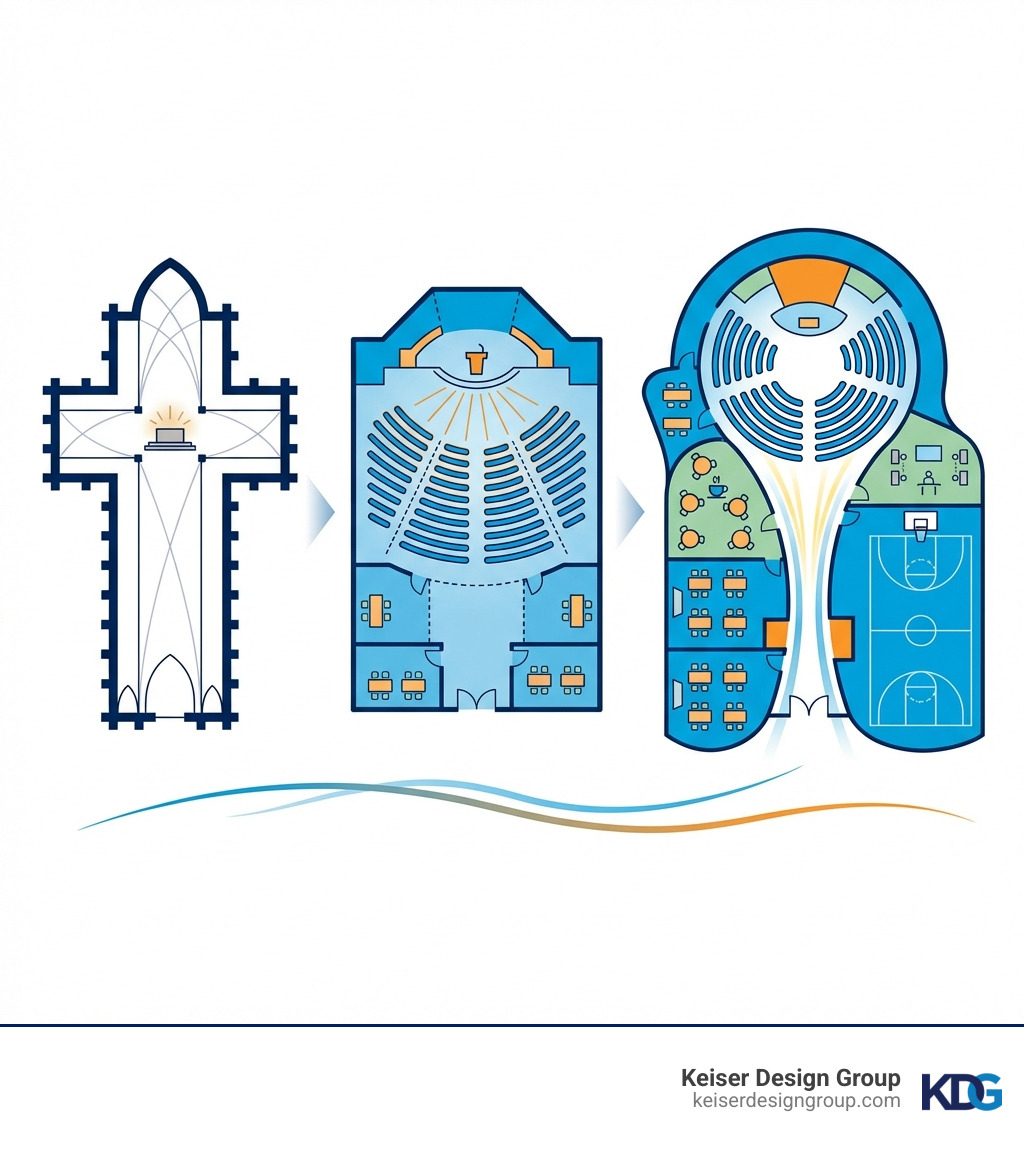 Infographic showing the evolution of church design: 1) Traditional cruciform Gothic plan with long nave and transepts, 2) Akron Plan with flexible auditorium-style seating radiating from pulpit, 3) Modern multi-purpose design with circular sanctuary, cafe, classrooms, and gymnasium all connected by a central atrium featuring natural light - architectural design churches infographic 