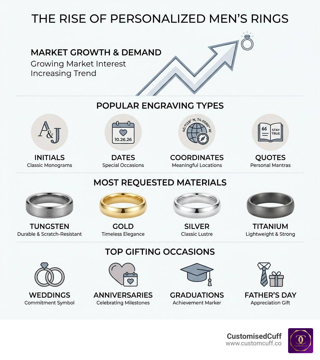 Infographic showing the rise in demand for personalized engraved male rings, featuring statistics on market growth, popular engraving types (initials, dates, coordinates, quotes), most requested materials (tungsten, gold, silver, titanium), and top gifting occasions (weddings, anniversaries, graduations, Father's Day) - engraved male rings infographic