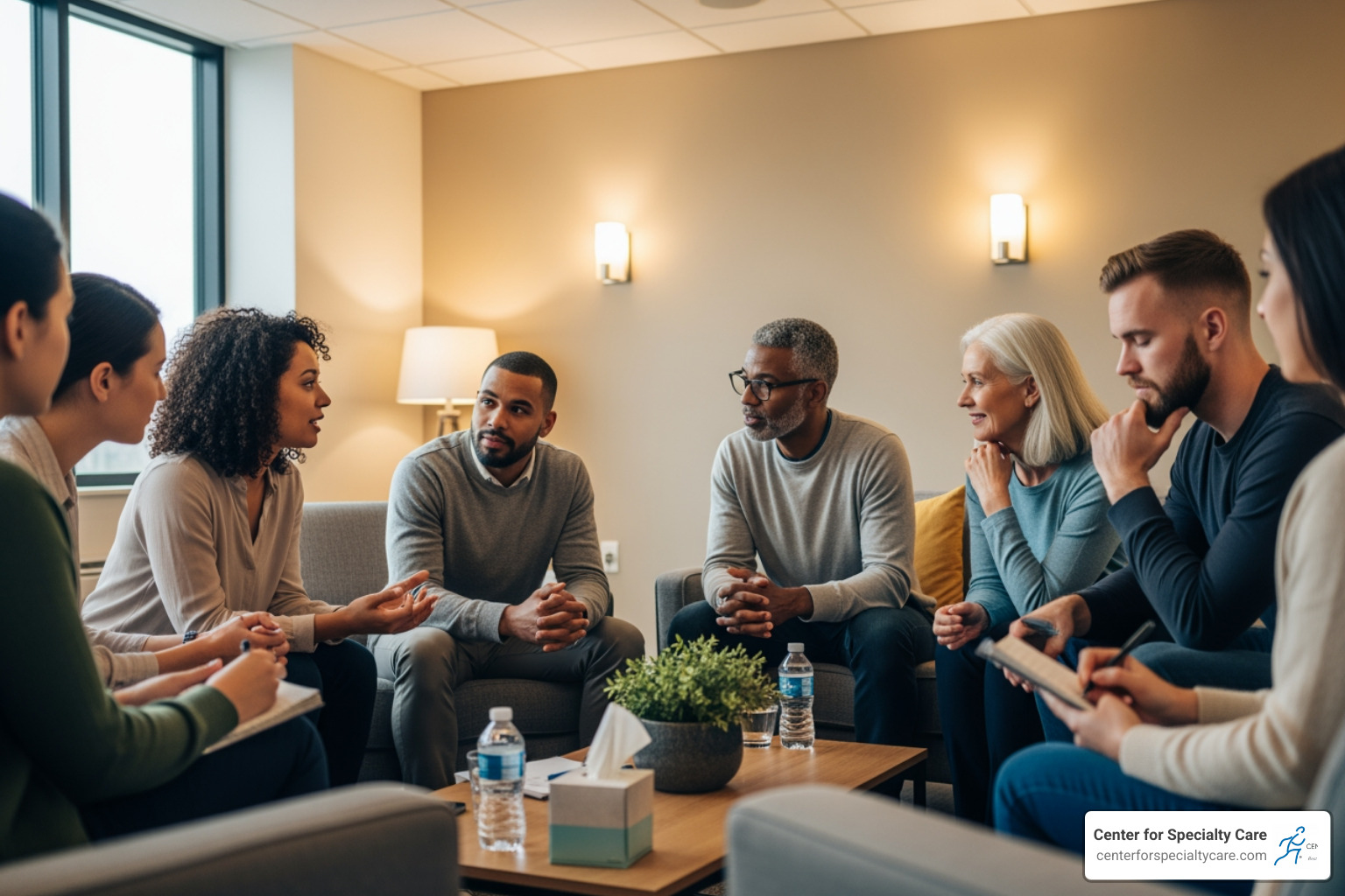 diverse group of people in a comfortable, supportive setting - pain management group