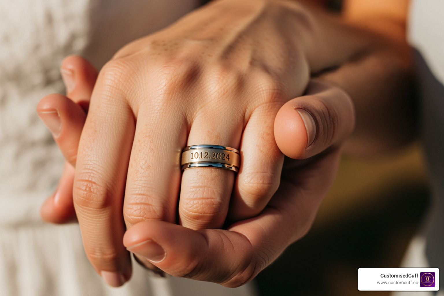 A couple holding hands, showing a close-up of an engraved wedding band with a date - engraved male rings