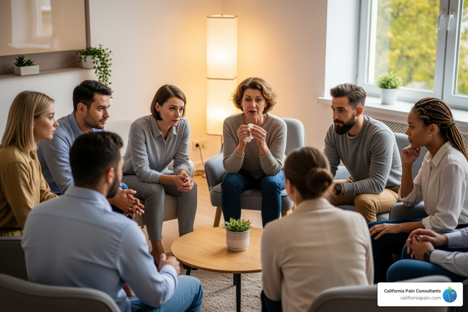 A diverse group of people engaged in a supportive group therapy session - medication management San Diego