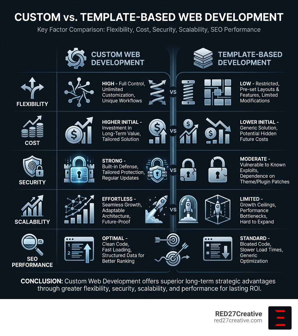Infographic comparing custom web development and template-based development across key factors: flexibility, cost, security, scalability, and SEO performance - Custom web development services infographic Infographic comparing custom web development and template-based development across key factors: flexibility, cost, security, scalability, and SEO performance - Custom web development services infographic