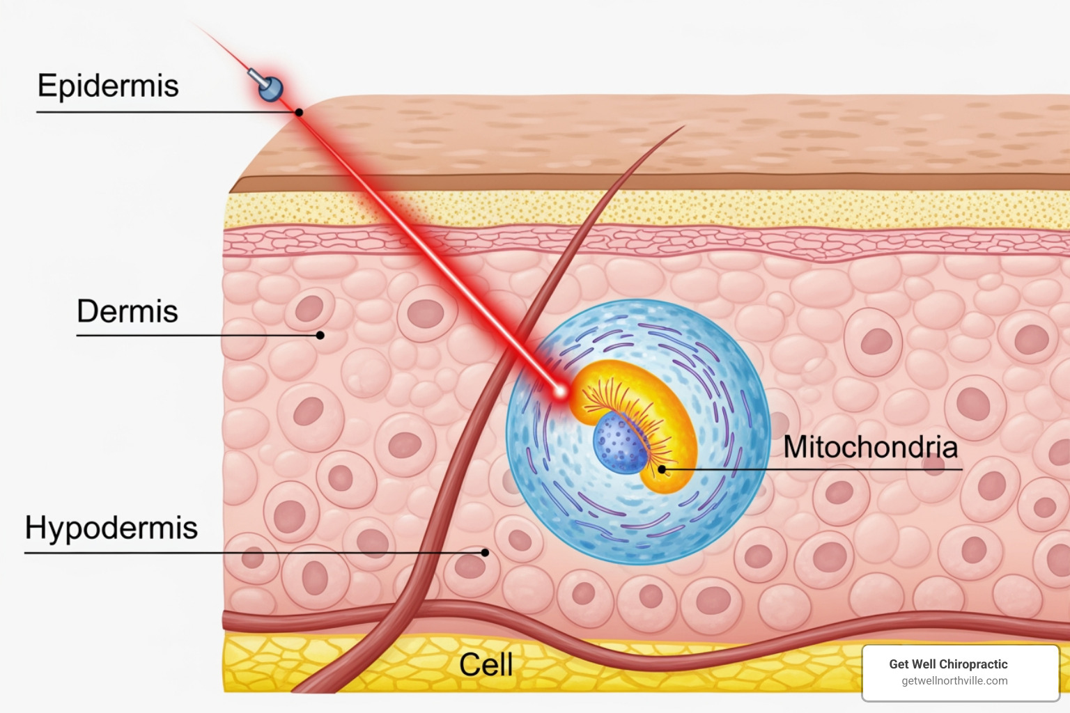diagram showing a laser beam penetrating skin layers to reach a cell's mitochondria - class 3b cold laser diagram showing a laser beam penetrating skin layers to reach a cell's mitochondria - class 3b cold laser