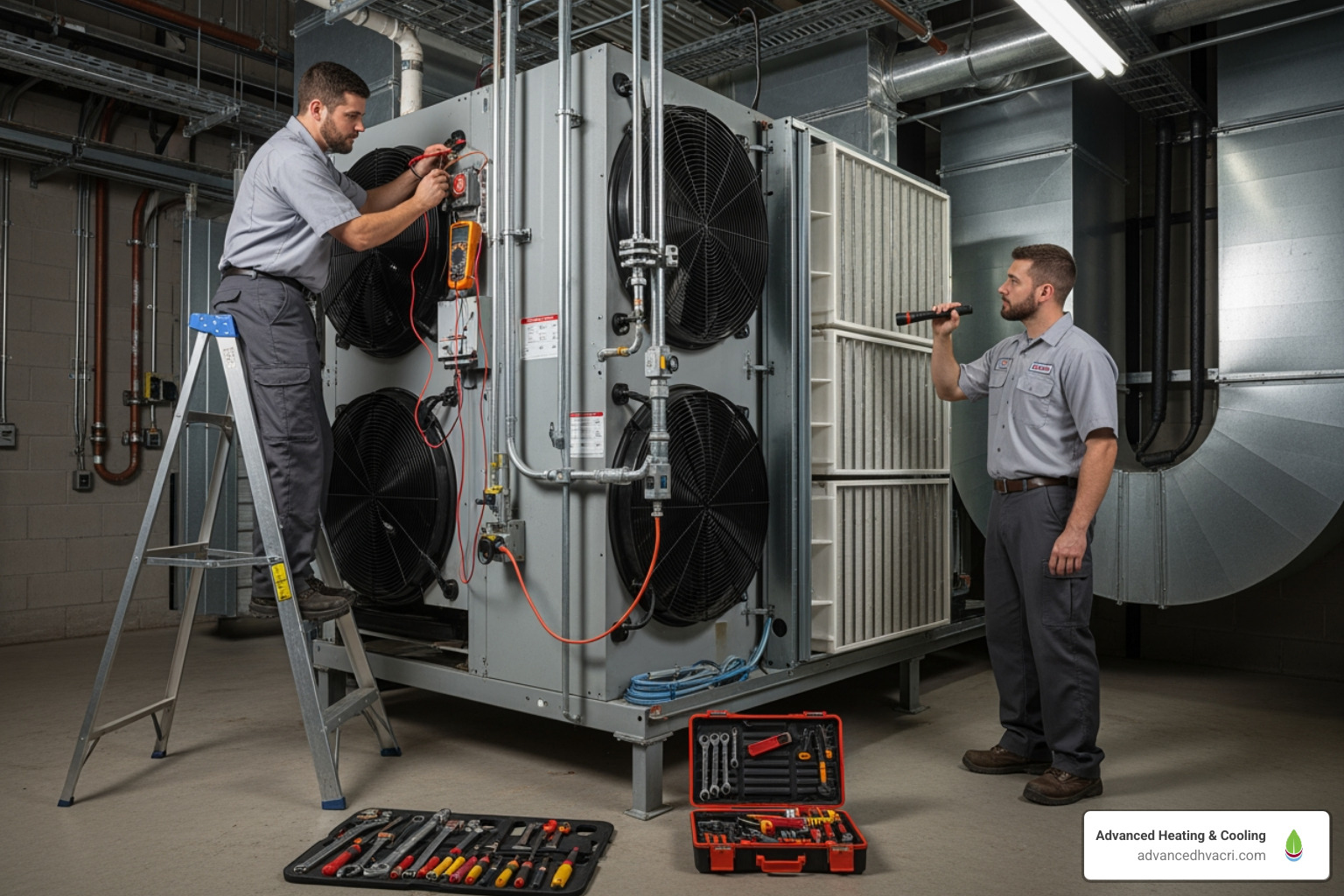two certified technicians in uniform servicing a commercial air handling unit - commercial hvac mechanical contractors near me