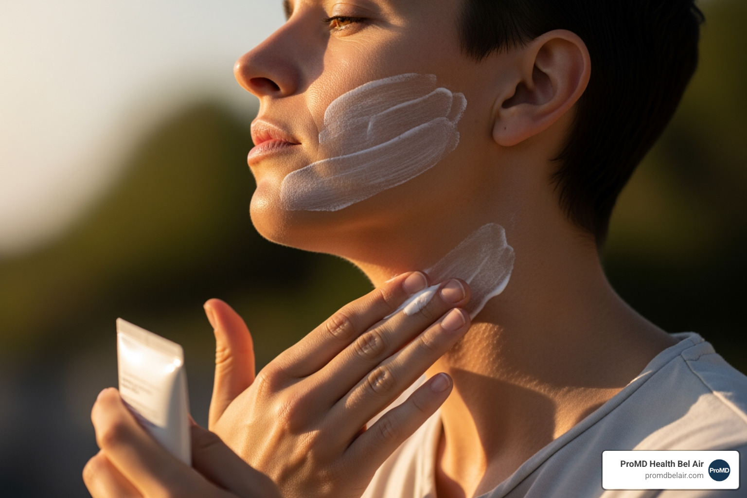 person applying sunscreen to neck and jawline - best non surgical facelift for jowls person applying sunscreen to neck and jawline - best non surgical facelift for jowls