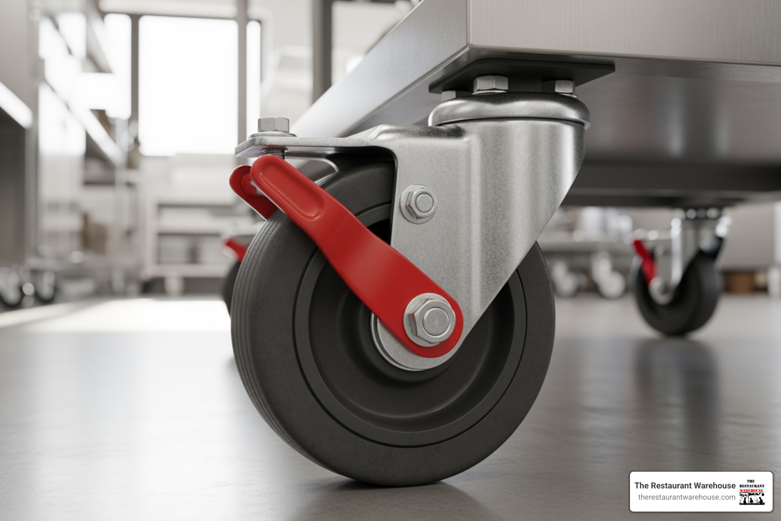 close-up shot focusing on a heavy-duty, non-marking caster wheel with a locking brake mechanism on a trolley leg - commercial kitchen trolley