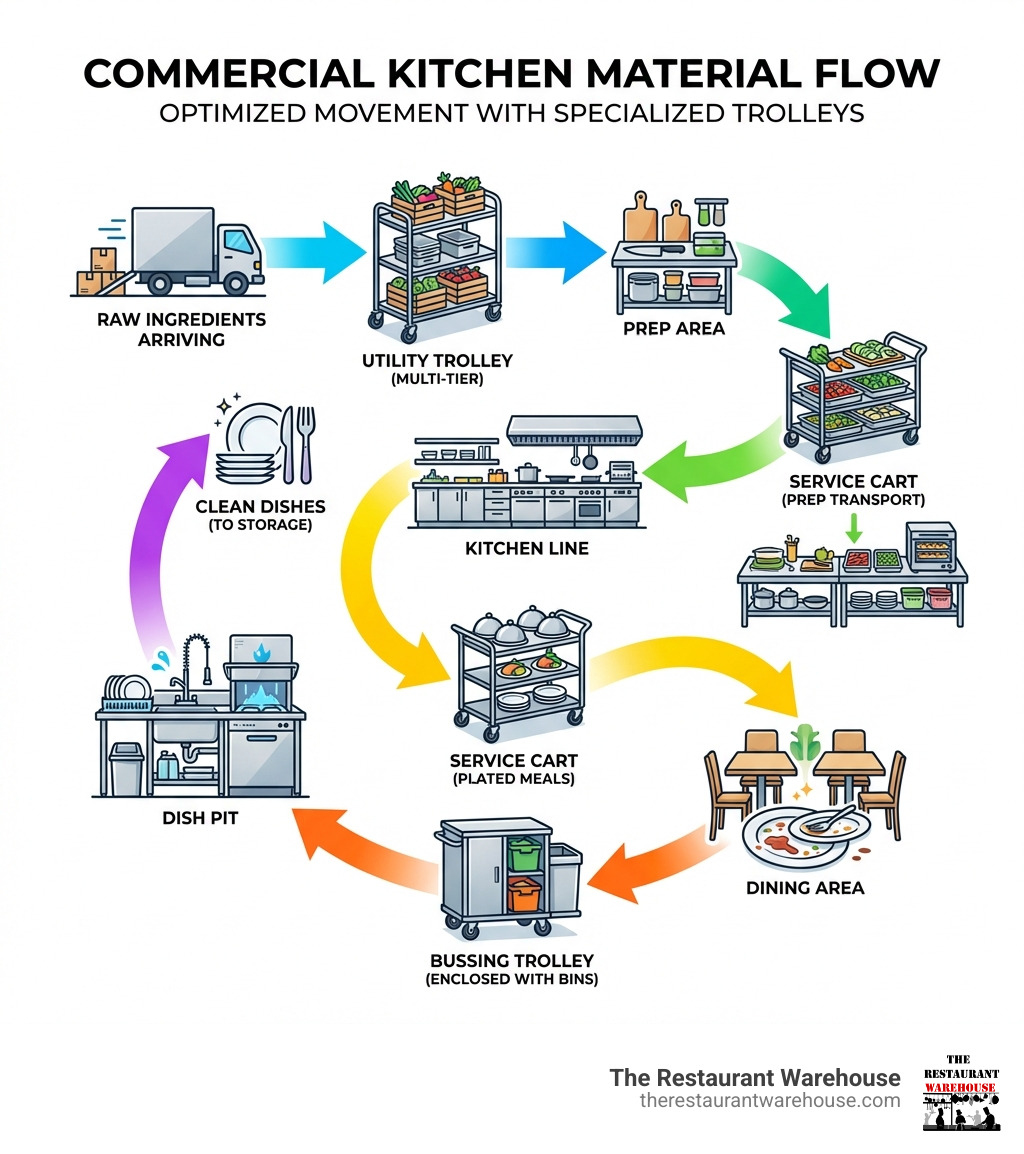 Infographic showing the flow of materials through a commercial kitchen: raw ingredients arriving on utility trolleys, prepped food moving on service carts to the line, plated dishes transported to dining areas, and dirty dishes returning on bussing trolleys to the dish pit, with arrows indicating movement patterns and different trolley types labeled at each stage - commercial kitchen trolley infographic 