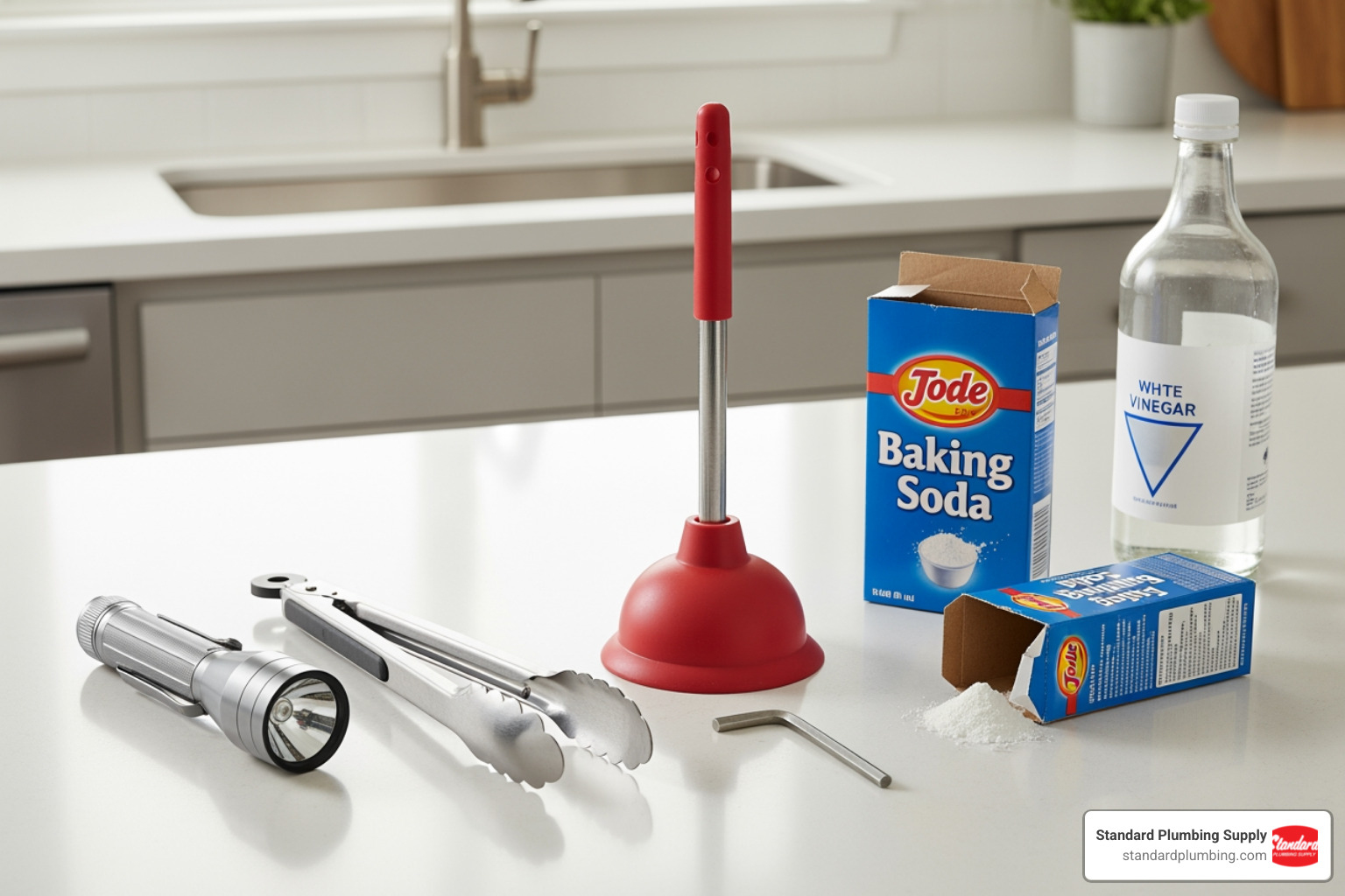 Essential tools for unclogging a garbage disposal: flashlight, tongs, sink plunger, Allen wrench, baking soda, vinegar - garbage disposal unclogger