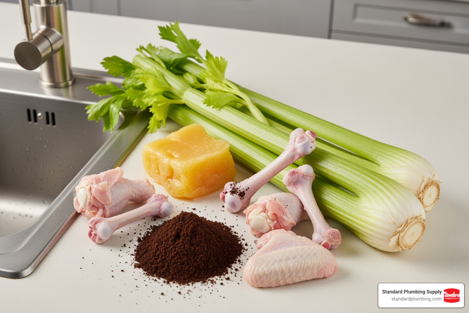 Do Not Grind list for garbage disposal with images of grease, celery, bones, and coffee grounds - garbage disposal unclogger