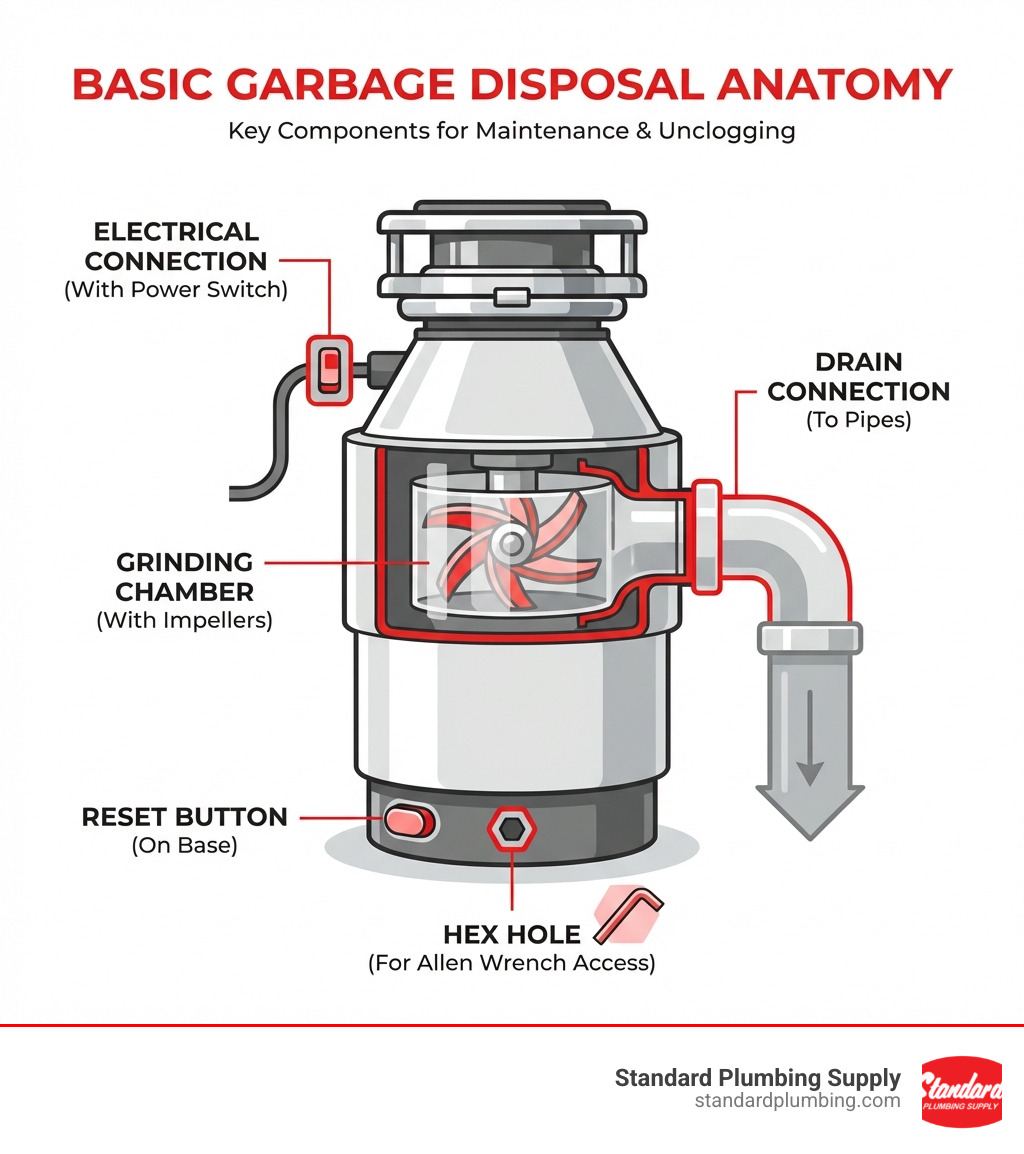 Infographic showing the basic anatomy of a garbage disposal including labeled parts: reset button on the base, hex hole for Allen wrench access, grinding chamber with impellers, drain connection to pipes, and electrical connection with power switch - garbage disposal unclogger infographic 