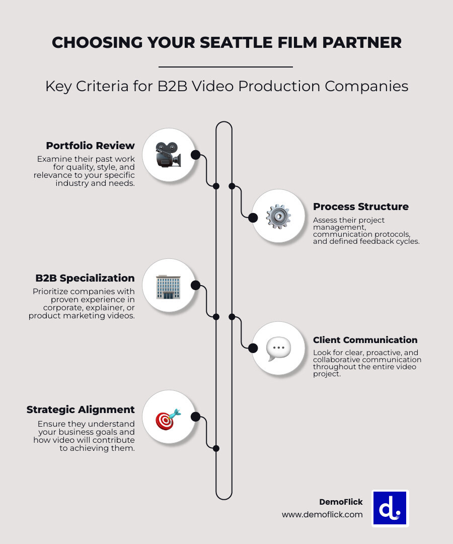 Infographic showing Seattle film production company selection criteria: portfolio review, production process structure, B2B specialization, client communication approach, and strategic alignment with business goals - film production companies seattle infographic infographic-line-5-steps-elegant_beige Infographic showing Seattle film production company selection criteria: portfolio review, production process structure, B2B specialization, client communication approach, and strategic alignment with business goals - film production companies seattle infographic infographic-line-5-steps-elegant_beige