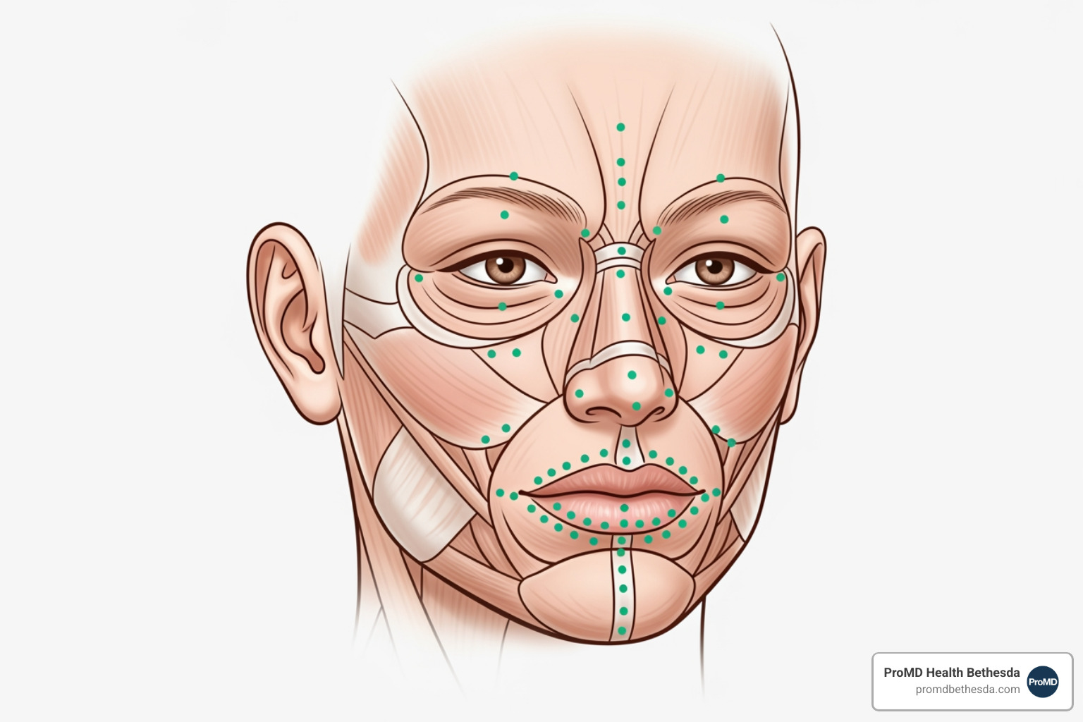 diagram showing key facial injection points for dermal fillers, highlighting areas like cheeks, lips, nasolabial folds, and jawline for balanced rejuvenation - natural looking fillers