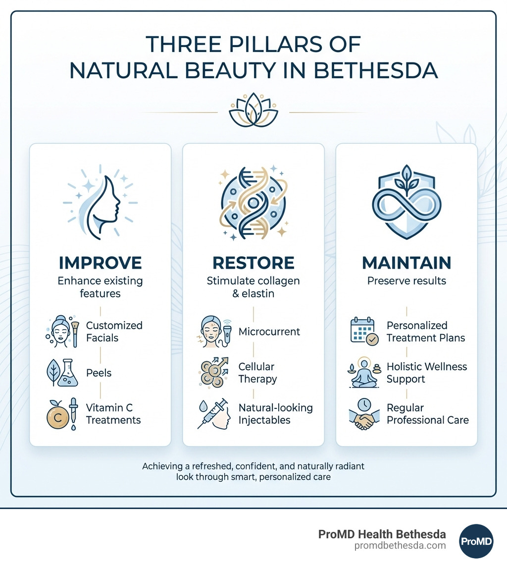 Infographic showing three pillars of natural beauty in Bethesda: IMPROVE (enhance existing features with customized facials, peels, and vitamin C treatments), RESTORE (stimulate collagen and elastin with microcurrent, cellular therapy, and natural-looking injectables), and MAINTAIN (preserve results through personalized treatment plans, holistic wellness support, and regular professional care) - Natural beauty Bethesda infographic Infographic showing three pillars of natural beauty in Bethesda: IMPROVE (enhance existing features with customized facials, peels, and vitamin C treatments), RESTORE (stimulate collagen and elastin with microcurrent, cellular therapy, and natural-looking injectables), and MAINTAIN (preserve results through personalized treatment plans, holistic wellness support, and regular professional care) - Natural beauty Bethesda infographic
