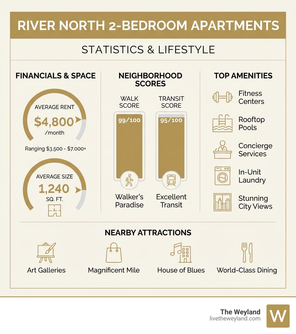 Infographic showing River North 2-bedroom apartment statistics: average rent of $4,800 per month, average size of 1,240 square feet, Walk Score of 99 out of 100, Transit Score of 95 out of 100, and top amenities including fitness centers, rooftop pools, concierge services, in-unit laundry, and city views, plus nearby attractions like art galleries, Magnificent Mile, House of Blues, and world-class dining - 2 bedroom apartments river north infographic Infographic showing River North 2-bedroom apartment statistics: average rent of $4,800 per month, average size of 1,240 square feet, Walk Score of 99 out of 100, Transit Score of 95 out of 100, and top amenities including fitness centers, rooftop pools, concierge services, in-unit laundry, and city views, plus nearby attractions like art galleries, Magnificent Mile, House of Blues, and world-class dining - 2 bedroom apartments river north infographic