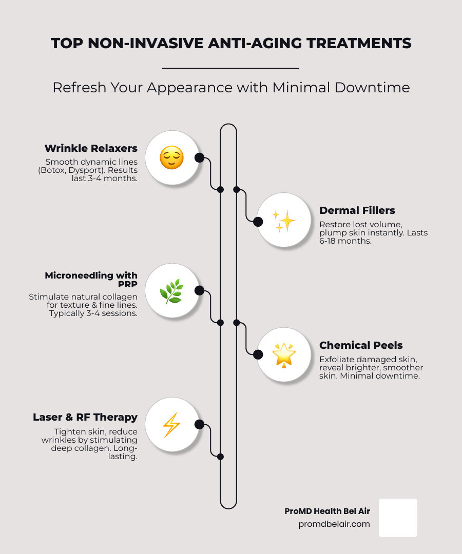 Infographic showing comparison of non-invasive anti-aging treatments including Botox for dynamic wrinkles lasting 3-4 months, dermal fillers for volume restoration lasting 6-18 months, microneedling for collagen stimulation requiring 3-4 sessions, chemical peels for skin texture improvement with minimal downtime, and laser treatments for deep collagen stimulation with long-lasting results - best non invasive anti aging treatments infographic infographic-line-5-steps-elegant_beige