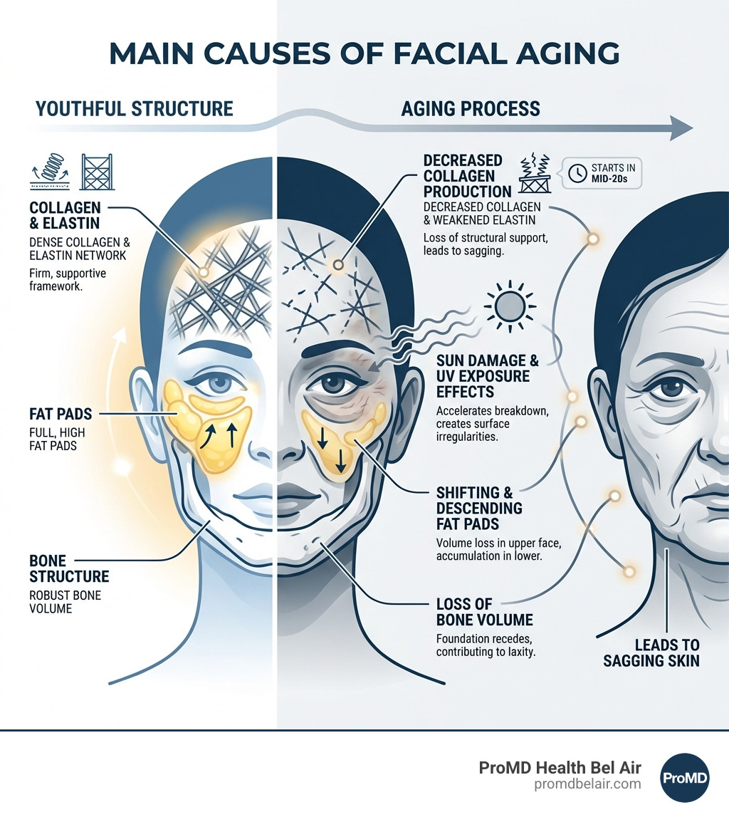 infographic showing the main causes of facial aging including decreased collagen production starting in mid-twenties, sun damage and UV exposure effects, shifting and descending facial fat pads, loss of bone volume in facial structure, and weakening elastin framework leading to sagging skin - facelift without surgery infographic infographic showing the main causes of facial aging including decreased collagen production starting in mid-twenties, sun damage and UV exposure effects, shifting and descending facial fat pads, loss of bone volume in facial structure, and weakening elastin framework leading to sagging skin - facelift without surgery infographic
