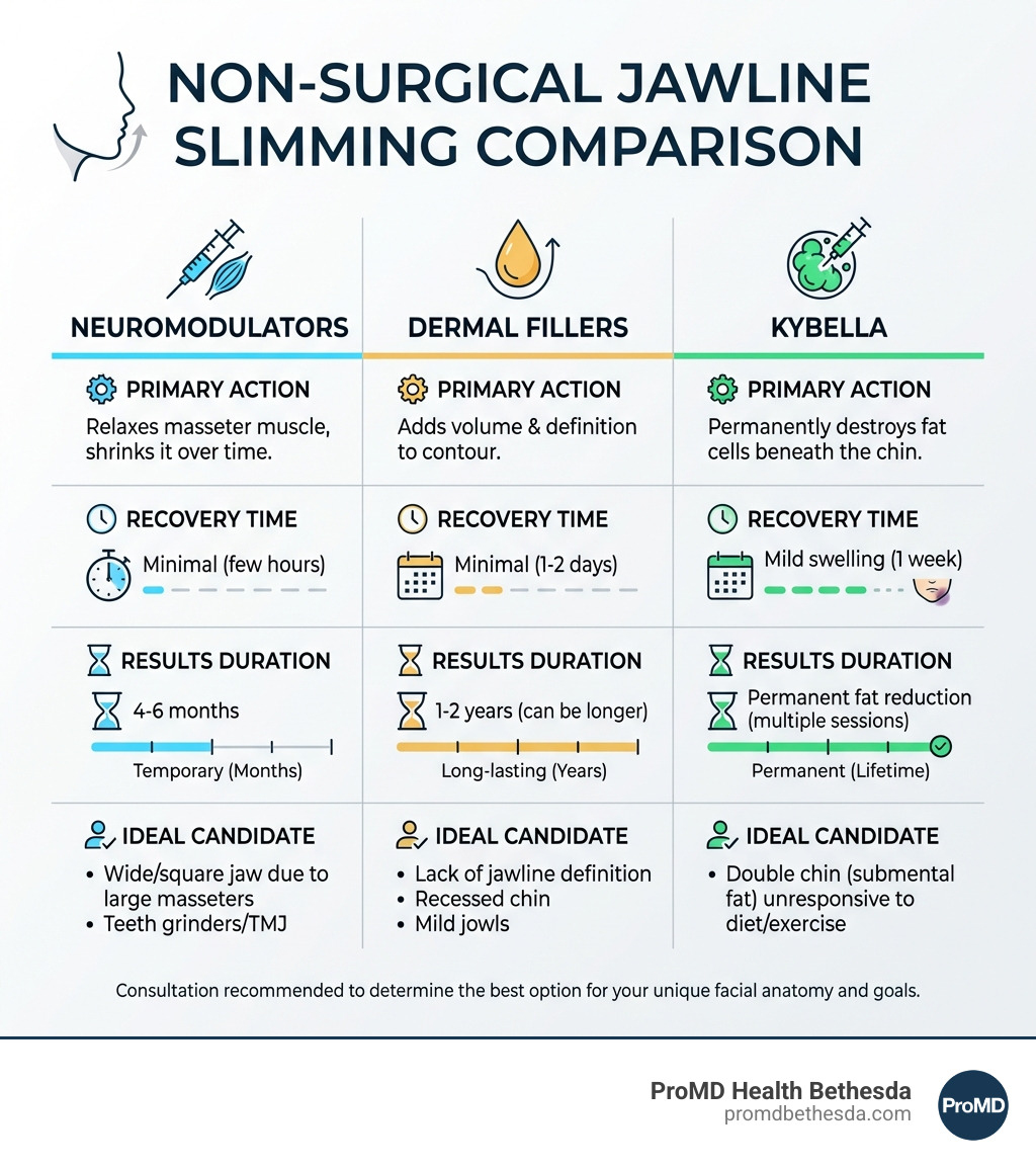 Comparison table of non-surgical jawline slimming options: Neuromodulators, Dermal Fillers, and Kybella, detailing cost, recovery, results duration, and ideal candidate - Jawline slimming Bethesda infographic Comparison table of non-surgical jawline slimming options: Neuromodulators, Dermal Fillers, and Kybella, detailing cost, recovery, results duration, and ideal candidate - Jawline slimming Bethesda infographic