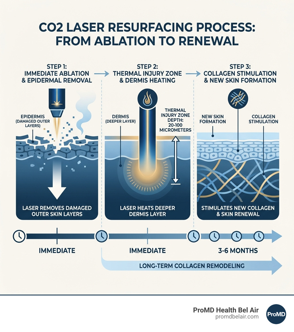 Infographic showing how CO2 laser resurfacing works: Step 1 shows laser removing damaged outer skin layers (epidermis), Step 2 shows laser heating the deeper dermis layer, Step 3 shows collagen stimulation and new skin formation over 3-6 months, with timeline markers for immediate ablation, thermal injury zone depth of 20-100 micrometers, and long-term collagen remodeling - carbon dioxide laser skin resurfacing infographic Infographic showing how CO2 laser resurfacing works: Step 1 shows laser removing damaged outer skin layers (epidermis), Step 2 shows laser heating the deeper dermis layer, Step 3 shows collagen stimulation and new skin formation over 3-6 months, with timeline markers for immediate ablation, thermal injury zone depth of 20-100 micrometers, and long-term collagen remodeling - carbon dioxide laser skin resurfacing infographic