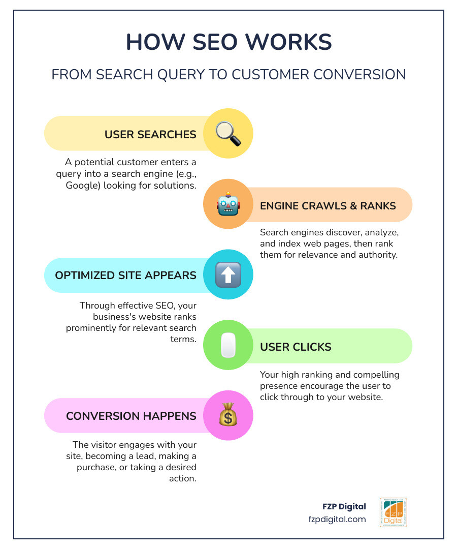 infographic showing how SEO works: user searches on Google, search engine crawls and ranks websites, optimized business site appears in results, user clicks through to website, conversion happens - seo company infographic infographic-line-5-steps-colors infographic showing how SEO works: user searches on Google, search engine crawls and ranks websites, optimized business site appears in results, user clicks through to website, conversion happens - seo company infographic infographic-line-5-steps-colors