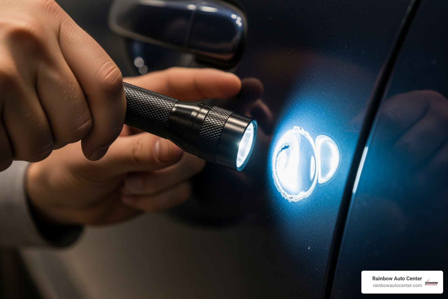 person inspecting a car dent with a flashlight - at home paintless dent repair person inspecting a car dent with a flashlight - at home paintless dent repair