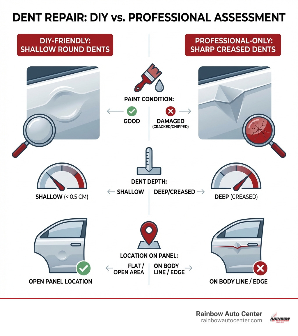 Infographic showing side-by-side comparison of DIY-friendly shallow round dents versus professional-only sharp creased dents, with visual indicators of paint condition, dent depth, and location on body panels - at home paintless dent repair infographic Infographic showing side-by-side comparison of DIY-friendly shallow round dents versus professional-only sharp creased dents, with visual indicators of paint condition, dent depth, and location on body panels - at home paintless dent repair infographic