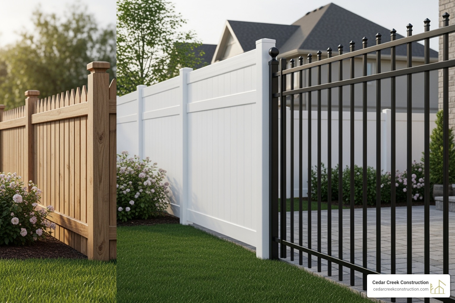 showcasing various fence materials like wood, vinyl, and aluminum side-by-side - fence repair Allentown PA