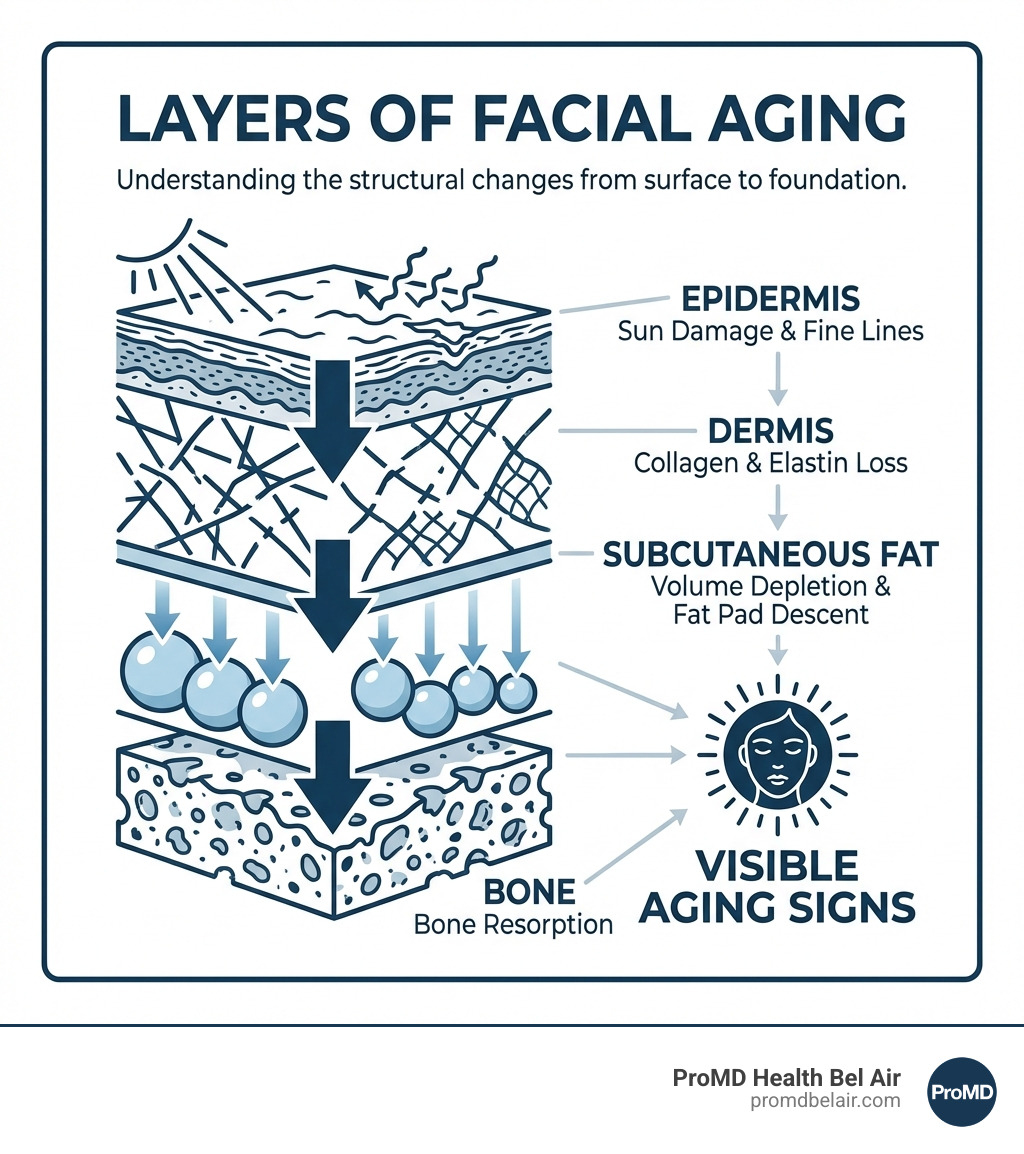 Infographic showing the layers of facial aging: epidermis with sun damage and fine lines at the surface, dermis with collagen and elastin loss in the middle layer, subcutaneous fat showing volume depletion and fat pad descent, and bone resorption at the foundation, with arrows indicating how each layer contributes to visible aging signs - best treatment for face rejuvenation infographic Infographic showing the layers of facial aging: epidermis with sun damage and fine lines at the surface, dermis with collagen and elastin loss in the middle layer, subcutaneous fat showing volume depletion and fat pad descent, and bone resorption at the foundation, with arrows indicating how each layer contributes to visible aging signs - best treatment for face rejuvenation infographic