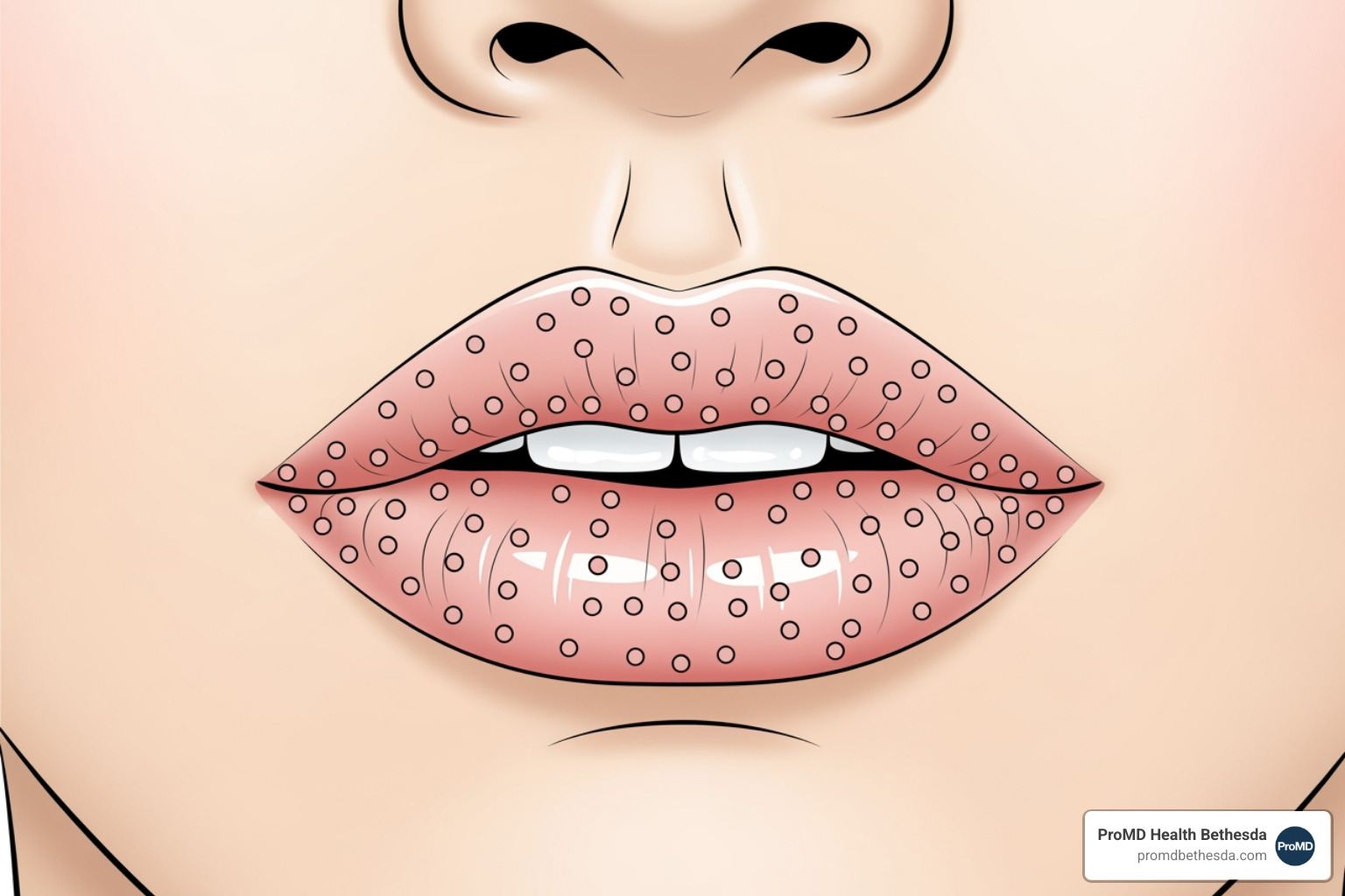illustration of micro-droplet injection technique showing tiny, precise injections along the lip border and body, creating subtle volume and definition - best lip filler for natural look