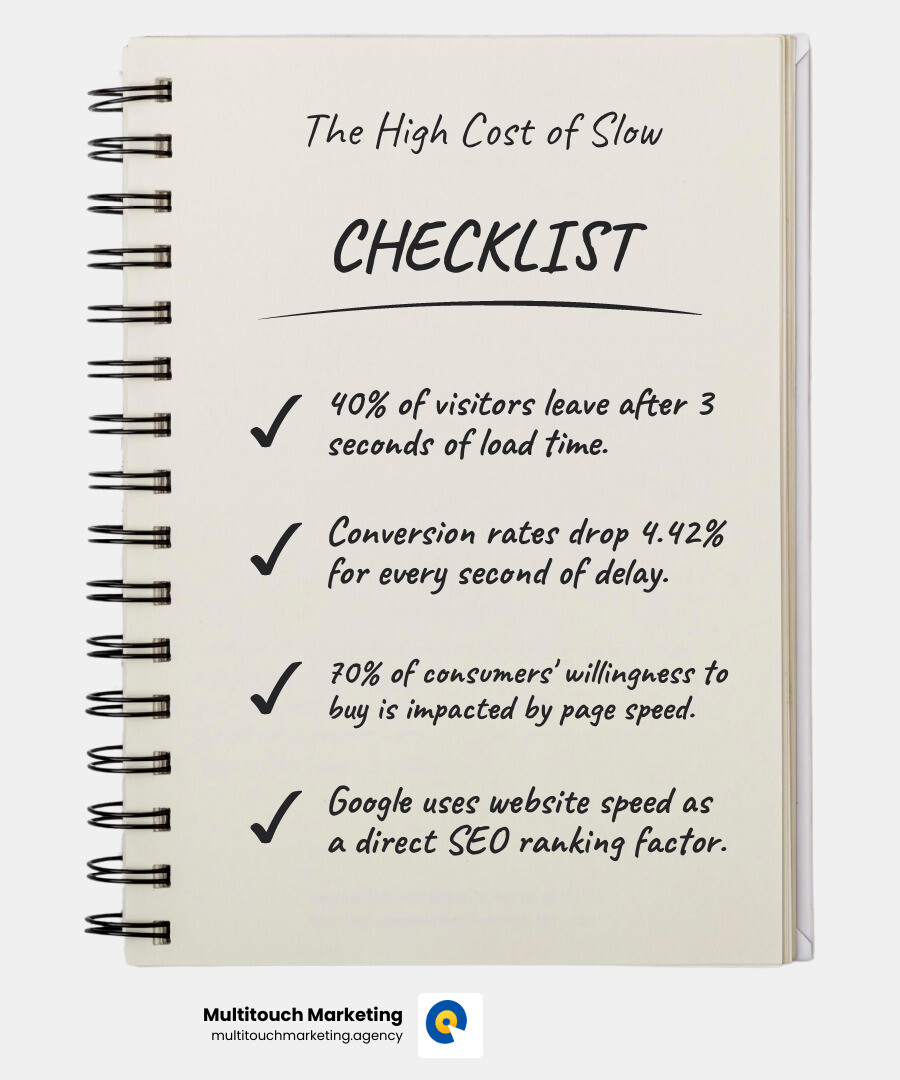 infographic showing website performance impact: 40% of visitors leave after 3 seconds, conversion rates drop 4.42% per second of delay, 70% of consumers say speed affects purchase decisions, Google uses speed as a ranking factor, mobile sites loading in 5 seconds earn 2x more ad revenue than those loading in 19 seconds - Website performance optimization services infographic checklist-notebook infographic showing website performance impact: 40% of visitors leave after 3 seconds, conversion rates drop 4.42% per second of delay, 70% of consumers say speed affects purchase decisions, Google uses speed as a ranking factor, mobile sites loading in 5 seconds earn 2x more ad revenue than those loading in 19 seconds - Website performance optimization services infographic checklist-notebook