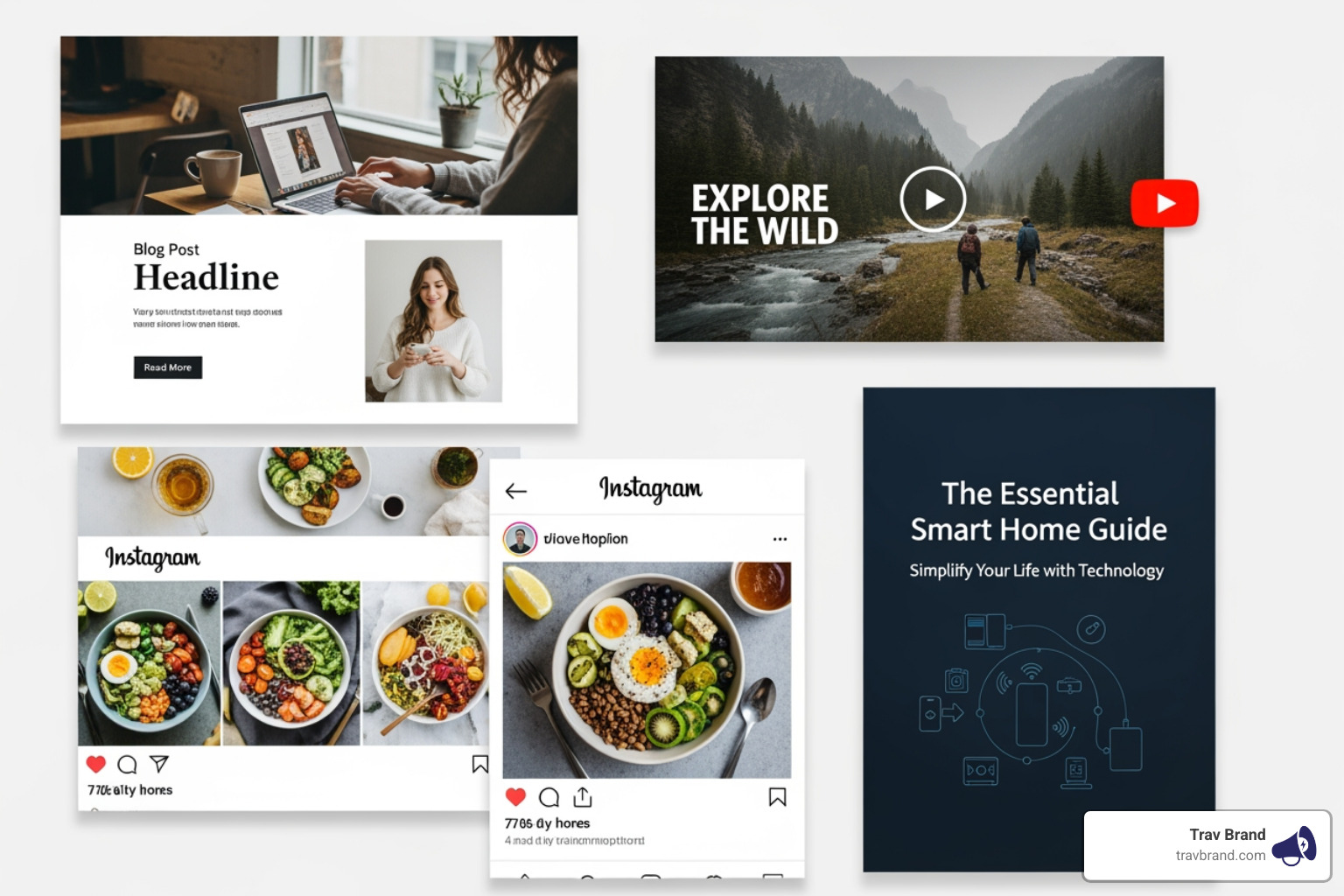 collage of different content types: a blog post layout, a YouTube video thumbnail, an Instagram post with UGC, and a product guide cover - Content marketing for e-commerce