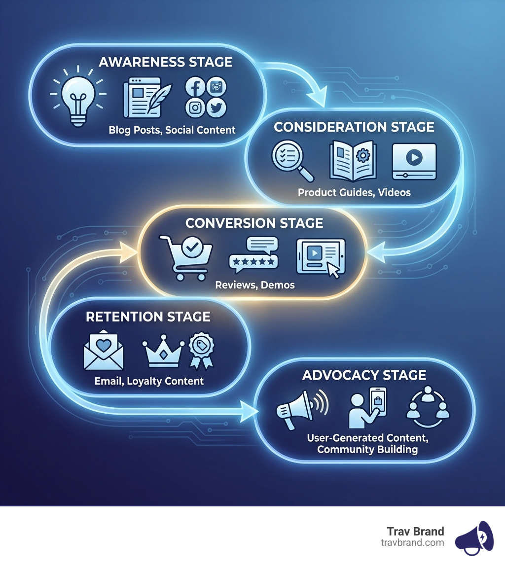 infographic showing the e-commerce content marketing funnel with five stages: awareness stage with blog posts and social content, consideration stage with product guides and videos, conversion stage with reviews and demos, retention stage with email and loyalty content, and advocacy stage with user-generated content and community building - Content marketing for e-commerce infographic 