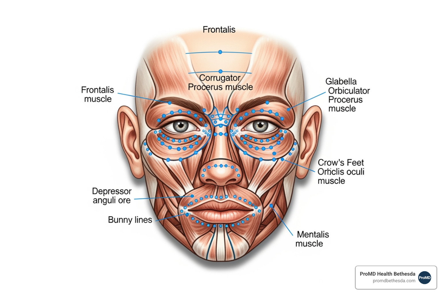 facial diagram showing common Botox injection sites - botox in bethesda facial diagram showing common Botox injection sites - botox in bethesda