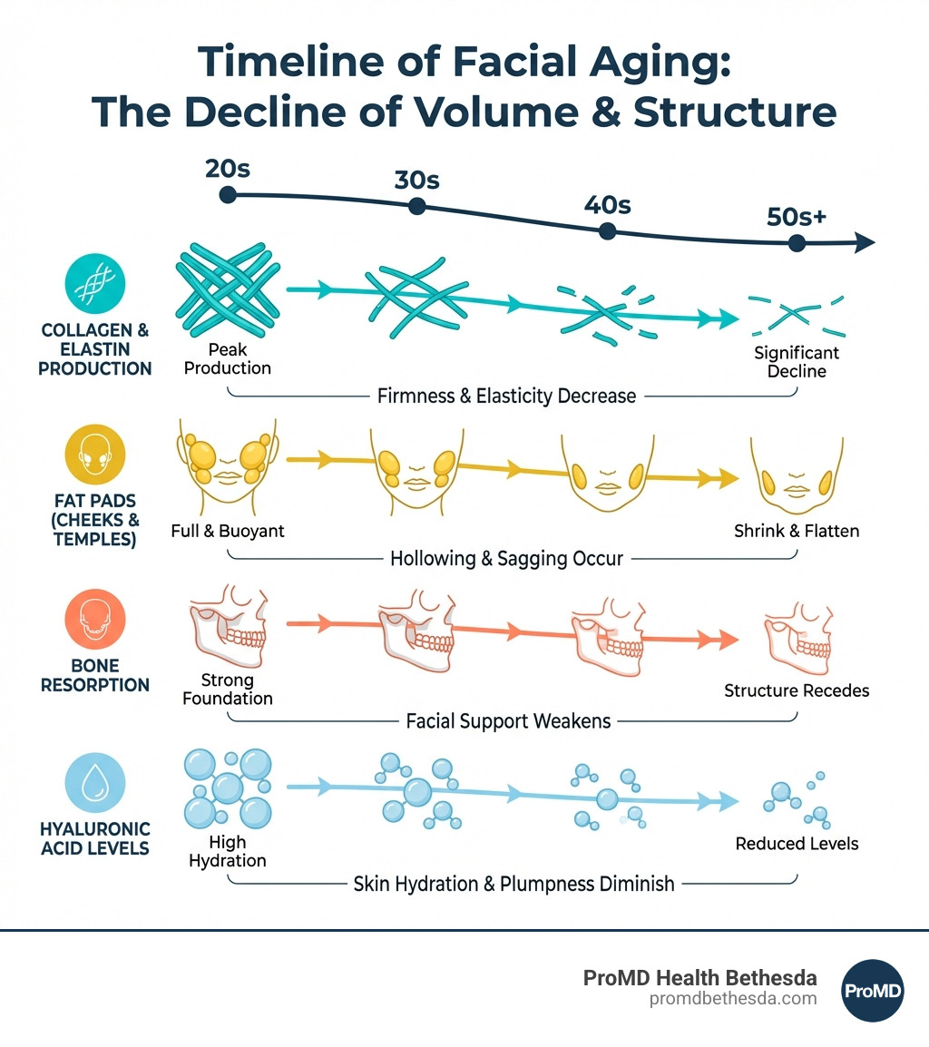 Infographic showing the timeline of facial aging: declining collagen and elastin production from the 20s onward, shrinking fat pads in the cheeks and temples, bone resorption affecting facial structure, and decreased hyaluronic acid levels leading to reduced skin hydration and plumpness - restore facial volume infographic Infographic showing the timeline of facial aging: declining collagen and elastin production from the 20s onward, shrinking fat pads in the cheeks and temples, bone resorption affecting facial structure, and decreased hyaluronic acid levels leading to reduced skin hydration and plumpness - restore facial volume infographic