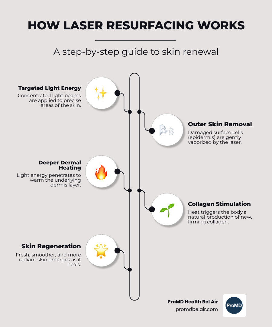 Detailed infographic showing how laser resurfacing works: laser beam targeting the epidermis and dermis layers of skin, with arrows indicating collagen stimulation in the deeper layers and removal of damaged outer skin, plus a timeline showing immediate effects through 12-month collagen remodeling - best laser resurfacing near me infographic infographic-line-5-steps-elegant_beige