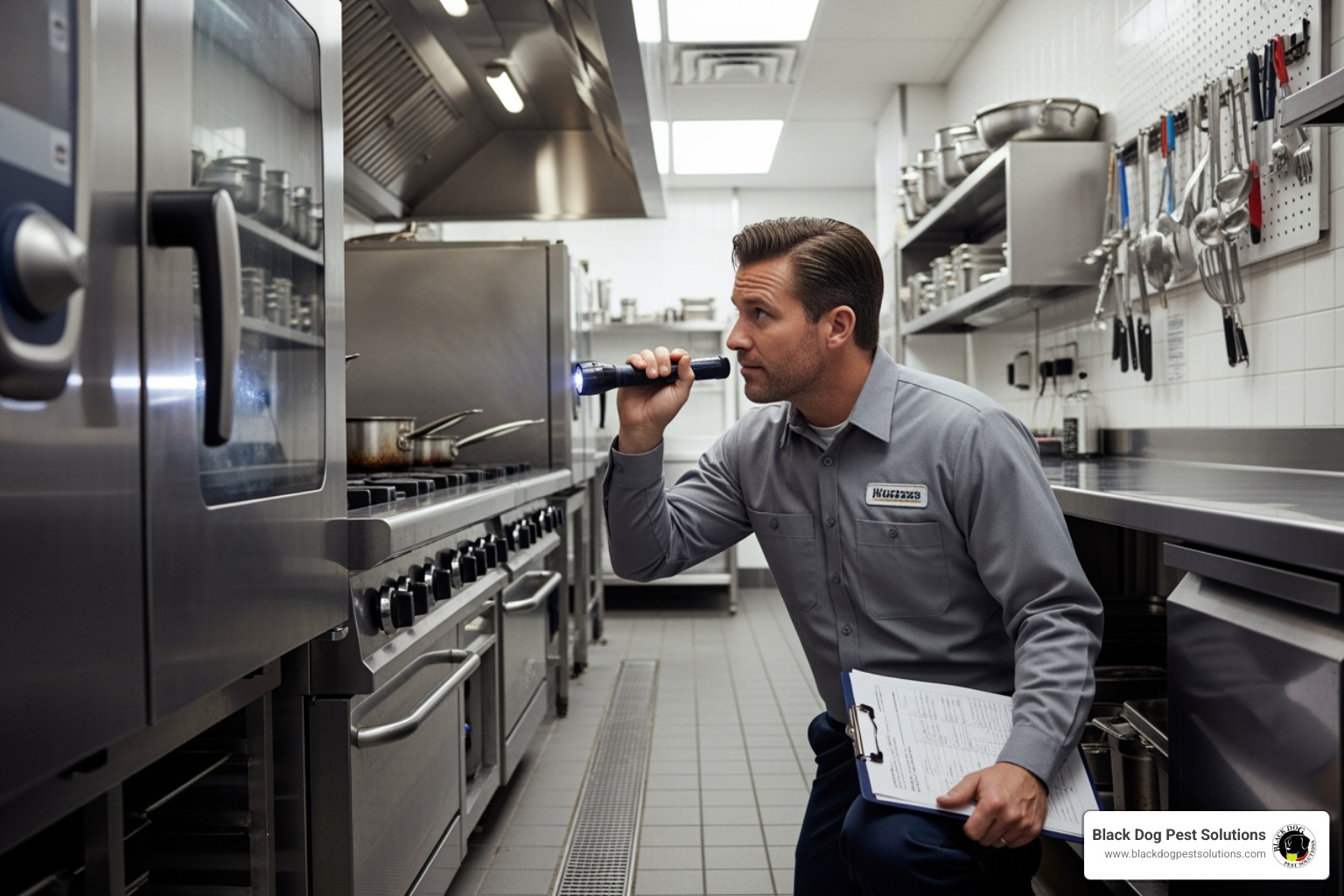 pest control technician inspecting a commercial kitchen - commercial pest control companies pest control technician inspecting a commercial kitchen - commercial pest control companies