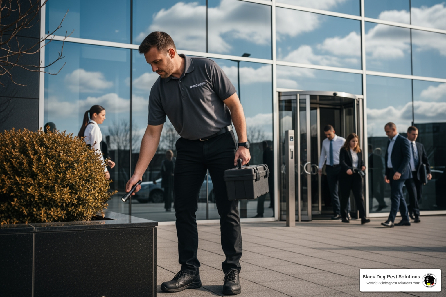 discreet pest control technician working outside a commercial building - commercial pest control companies discreet pest control technician working outside a commercial building - commercial pest control companies