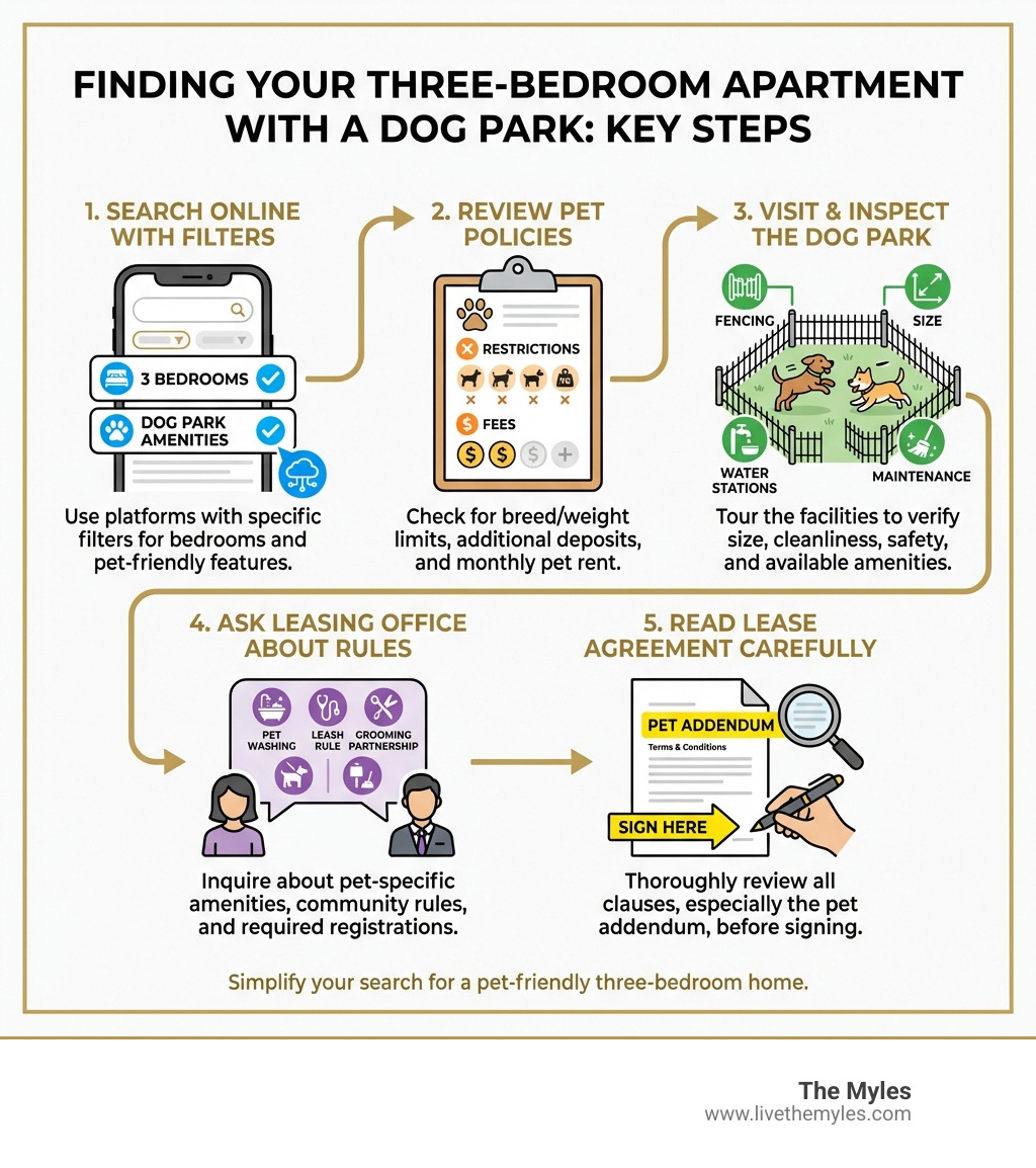 Infographic showing the key steps to find a three bedroom apartment for rent with dog park: 1) Search online platforms using specific filters for bedrooms and dog park amenities, 2) Review pet policies for restrictions and fees, 3) Visit and inspect the dog park facilities, 4) Ask leasing office about pet-specific amenities and rules, 5) Read lease agreements carefully before signing - three bedroom apartment for rent with dog park infographic 