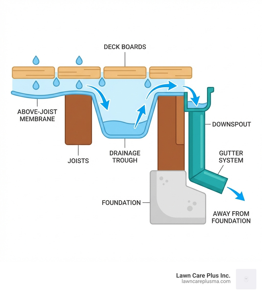 Infographic showing cross-section of a deck with above-joist drainage system: water flows through deck boards, hits membrane installed over joists, channels to trough between joists, flows to downspout at edge, and diverts into gutter system away from foundation - cheap under deck drainage system infographic 