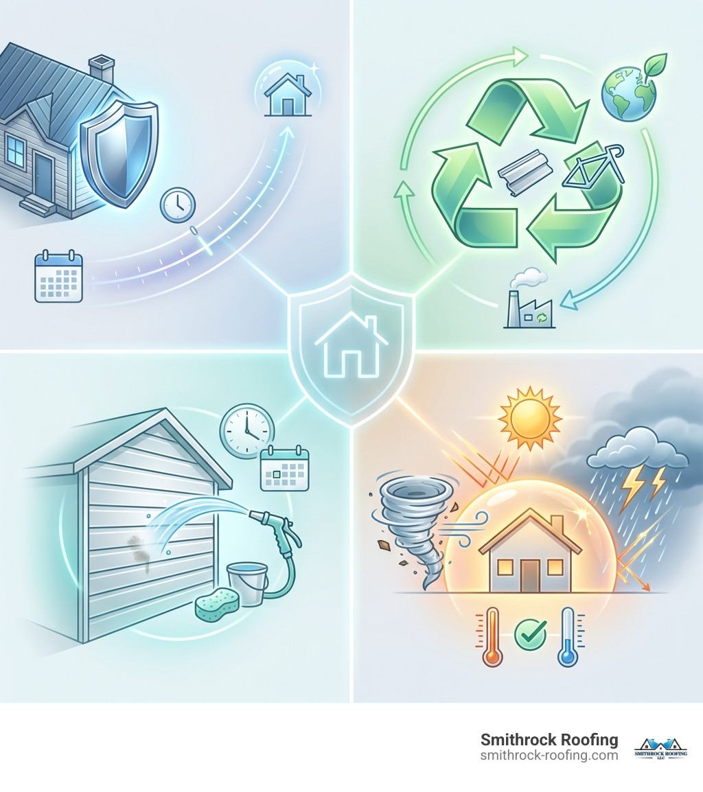 Infographic showing the four key benefits of aluminum siding: Durable construction lasting 20-40 years, Highly Recyclable with minimal environmental impact, Low-Maintenance requiring only occasional cleaning, and Weather-Resistant performance in extreme conditions including high winds and temperature fluctuations - aluminum siding companies near me infographic 