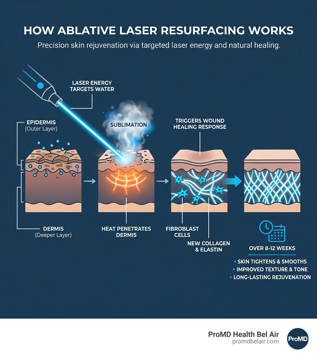 Infographic showing how ablative laser resurfacing works: laser energy targets water in the epidermis (outer skin layer), vaporizing damaged tissue through sublimation; heat penetrates to the dermis (deeper layer) where collagen and elastin are produced; this triggers a wound healing response that stimulates fibroblast cells to generate new collagen; over 8-12 weeks, skin tightens, smooths, and develops improved texture and tone - ablative laser resurfacing near me infographic 