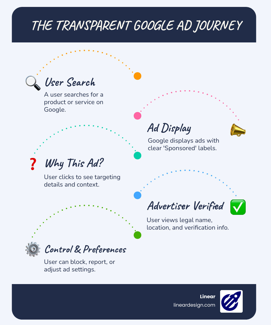 infographic showing user search flow to transparent ad - transparent google ads infographic infographic-line-5-steps-blues-accent_colors