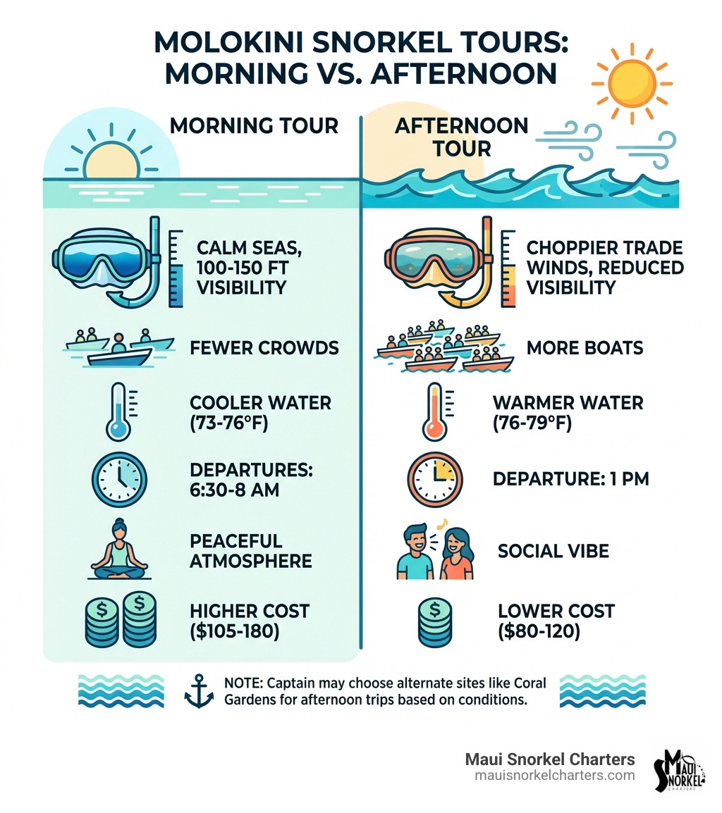 Infographic showing key differences between morning and afternoon Molokini snorkel tours: Morning tours feature calm seas with 100-150 ft visibility, fewer crowds, cooler water (73-76°F), departures at 6:30-8 AM, peaceful atmosphere, and higher cost ($105-180). Afternoon tours feature choppier trade winds, reduced visibility, more boats, warmer water (76-79°F), 1 PM departure, social vibe, and lower cost ($80-120). Captain may choose alternate sites like Coral Gardens for afternoon trips based on conditions. - afternoon molokini snorkel trip infographic Infographic showing key differences between morning and afternoon Molokini snorkel tours: Morning tours feature calm seas with 100-150 ft visibility, fewer crowds, cooler water (73-76°F), departures at 6:30-8 AM, peaceful atmosphere, and higher cost ($105-180). Afternoon tours feature choppier trade winds, reduced visibility, more boats, warmer water (76-79°F), 1 PM departure, social vibe, and lower cost ($80-120). Captain may choose alternate sites like Coral Gardens for afternoon trips based on conditions. - afternoon molokini snorkel trip infographic